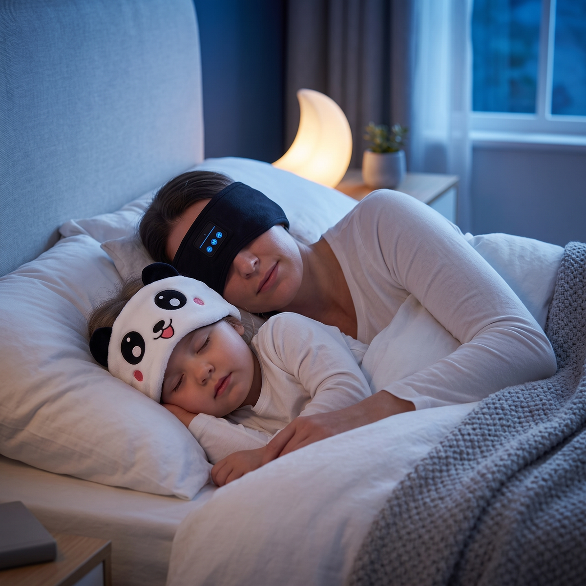 Mother and child asleep in bed wearing DozeBand and DozeBand Kid