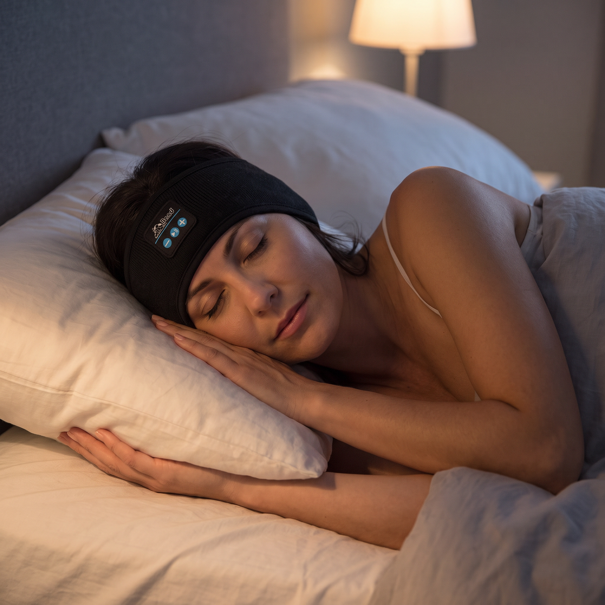 Side sleeper wearing the Bluetooth sleep headband
