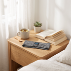 Gray Bluetooth sleep headband on a bedside table