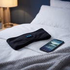 Black Bluetooth sleep headband on a bed at night