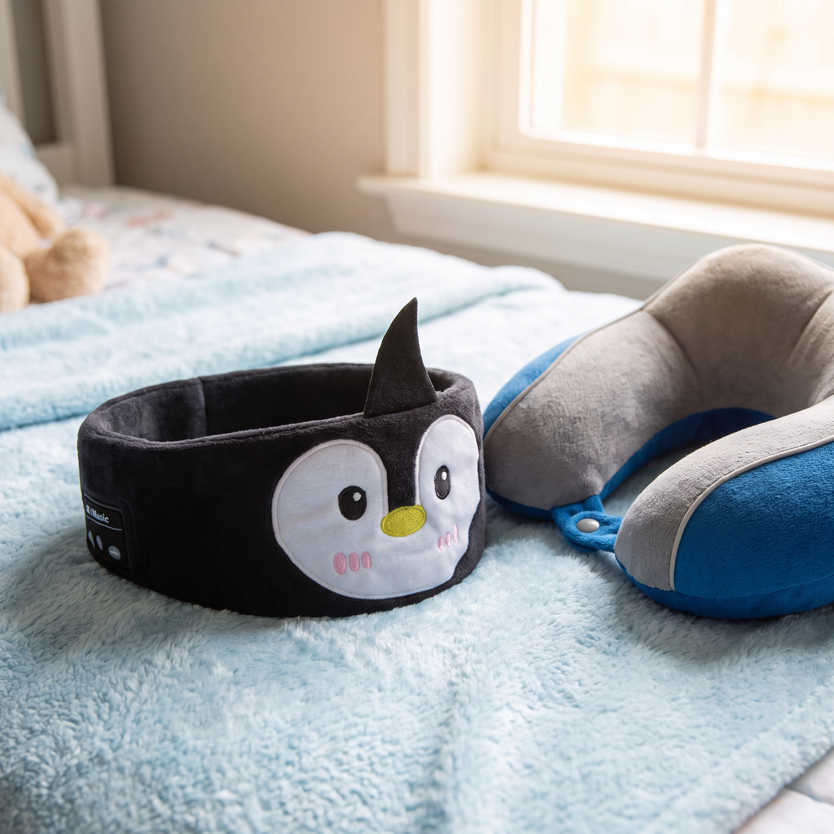 Penguin sleep mask headphones on a blue blanket