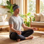 Man meditating while wearing the gray Bluetooth headband