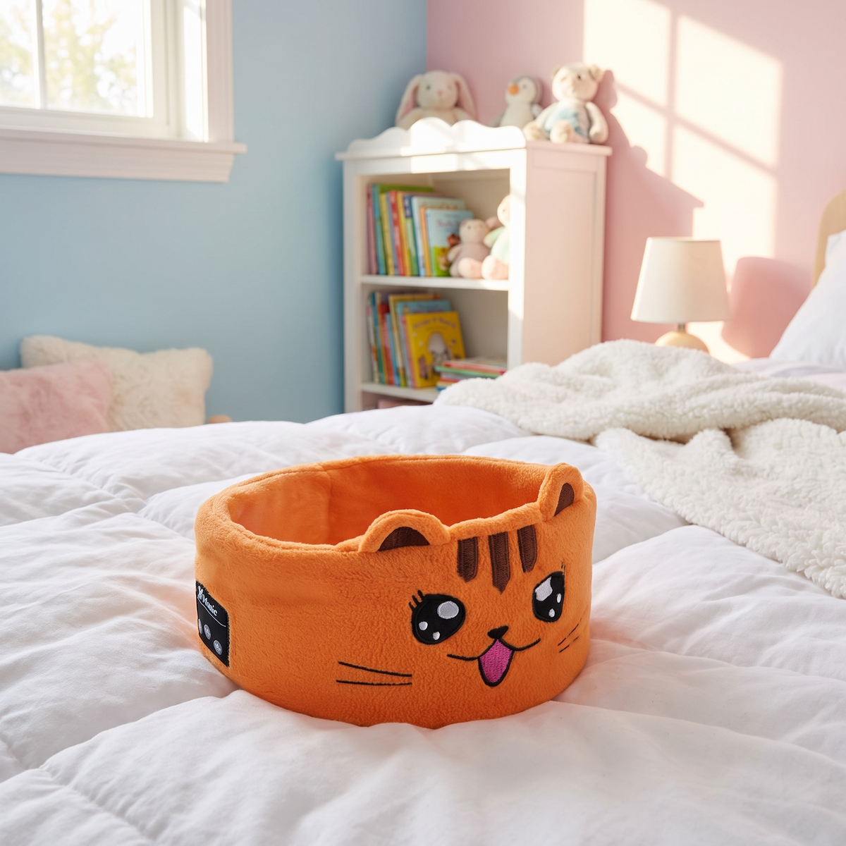 Orange cat sleep mask headphones on a white duvet