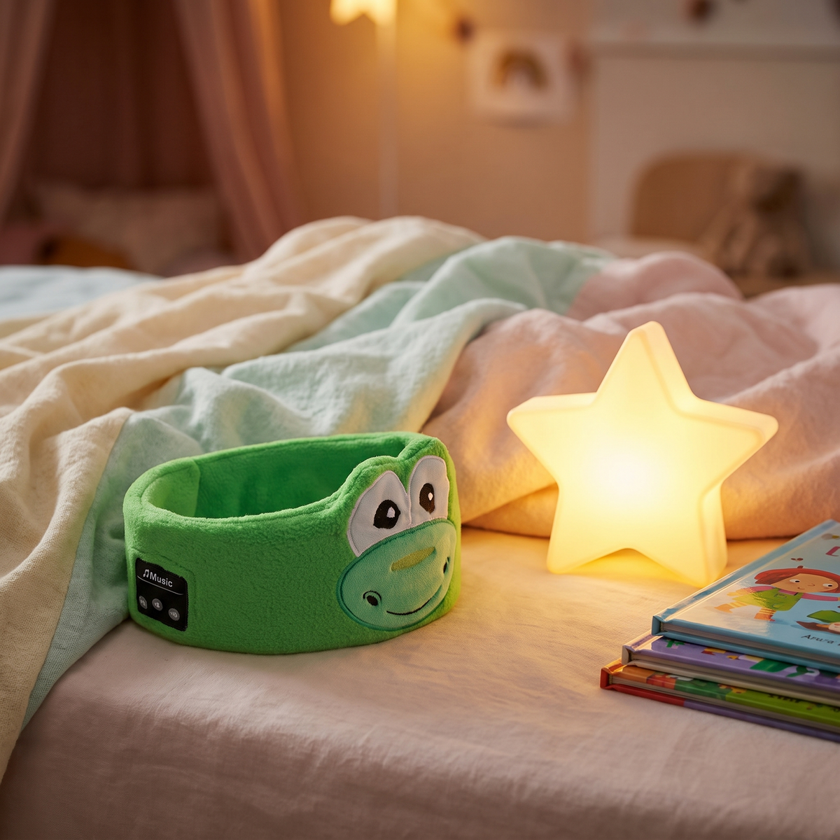 Dinosaur sleep mask headphones on a child's bed