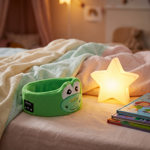 Dinosaur sleep mask headphones on a child's bed