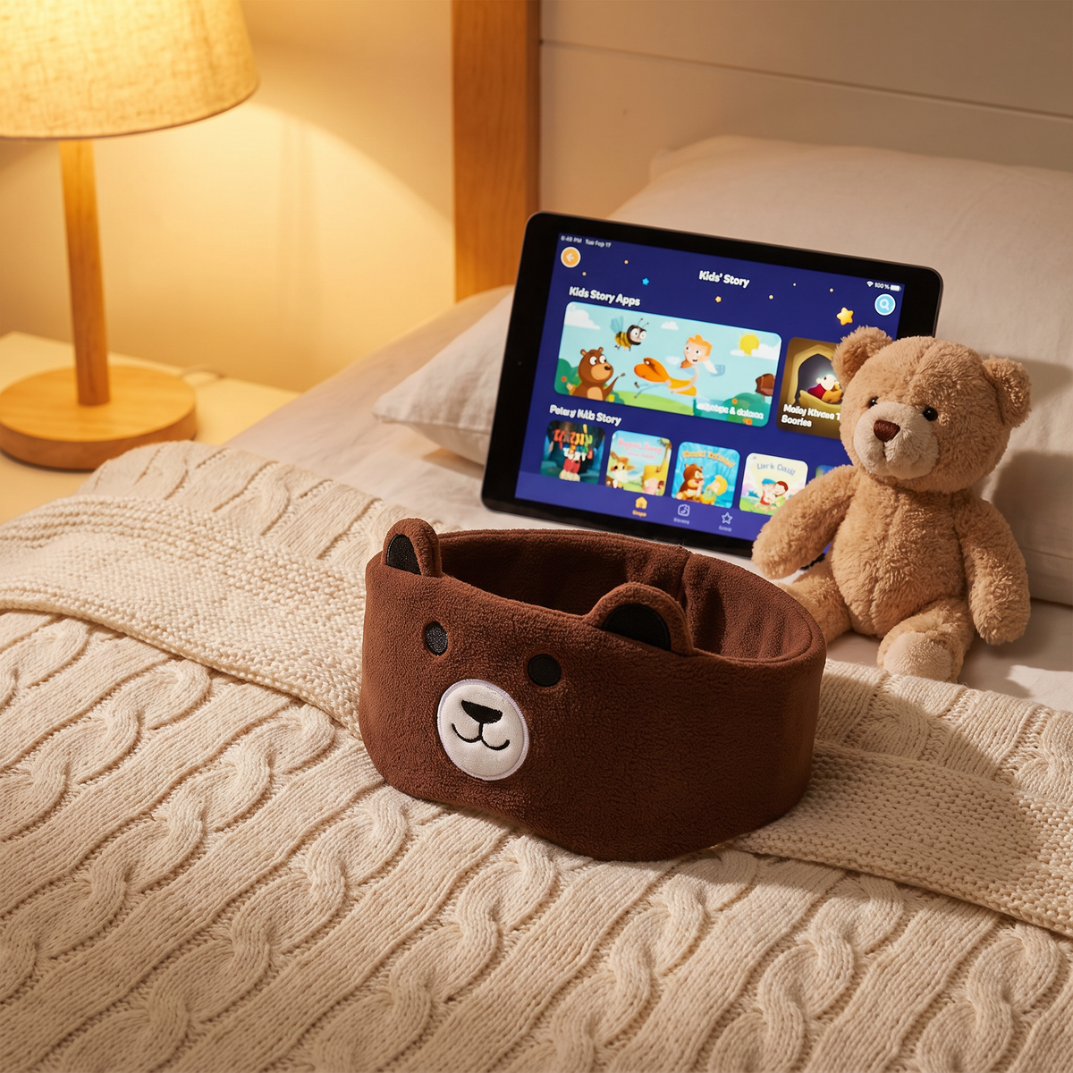 Little bear sleep mask headphones on a knit blanket