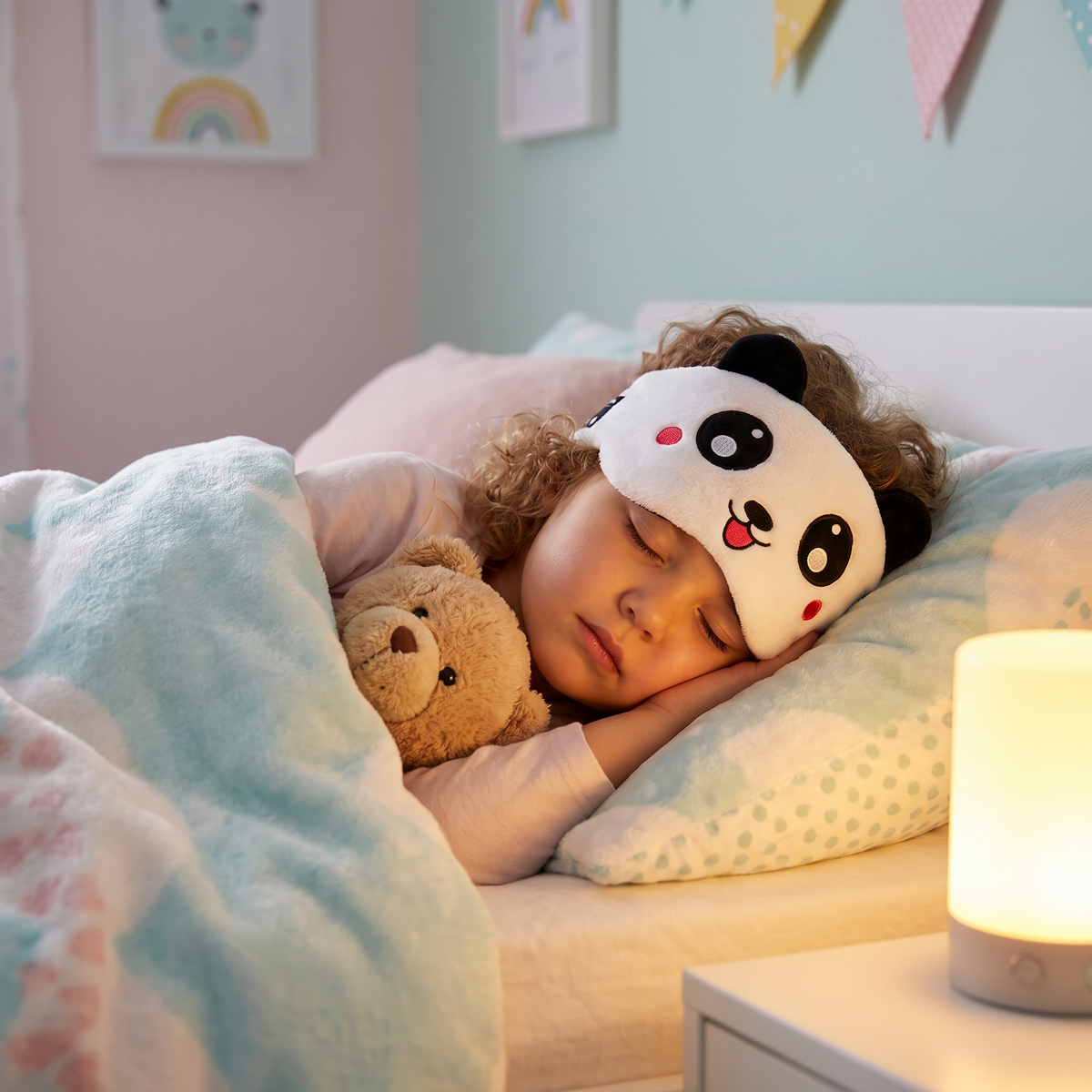 Child asleep wearing the panda sleep mask headphones